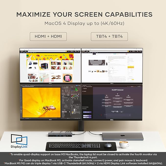 Satechi Thunderbolt 4 Dock 100W Charging, Dual Monitor HDMI 4K/60Hz, 40Gbps Data Transfer, 2 USB-A 3.2, Ethernet, Thunderbolt 4 Dock for MacBook Air/Pro M4, Mac/Windows, DisplayLink Software Required