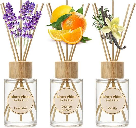 binca vidou Reed Diffuser Set, Lavender Vanilla Orange & Lemon Natural Scent Oil Diffusers with Sticks for Home Office Bathroom Aromatherapy Decor 2.7oz x 3