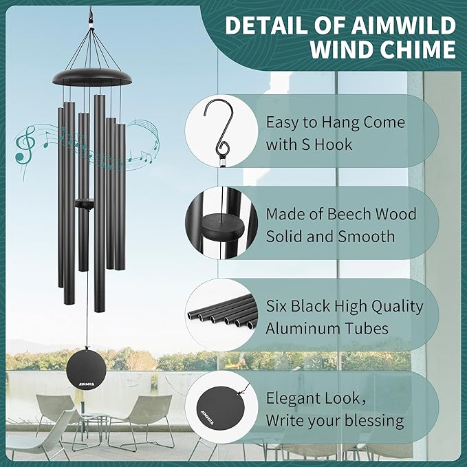 Wind Chimes for Outside Memorial – 45“ Large Outdoor Sympathy Windchime Tuned to C, Deep Tone, Gift for Mom Dad, Garden Decor with Blessing Card, Black