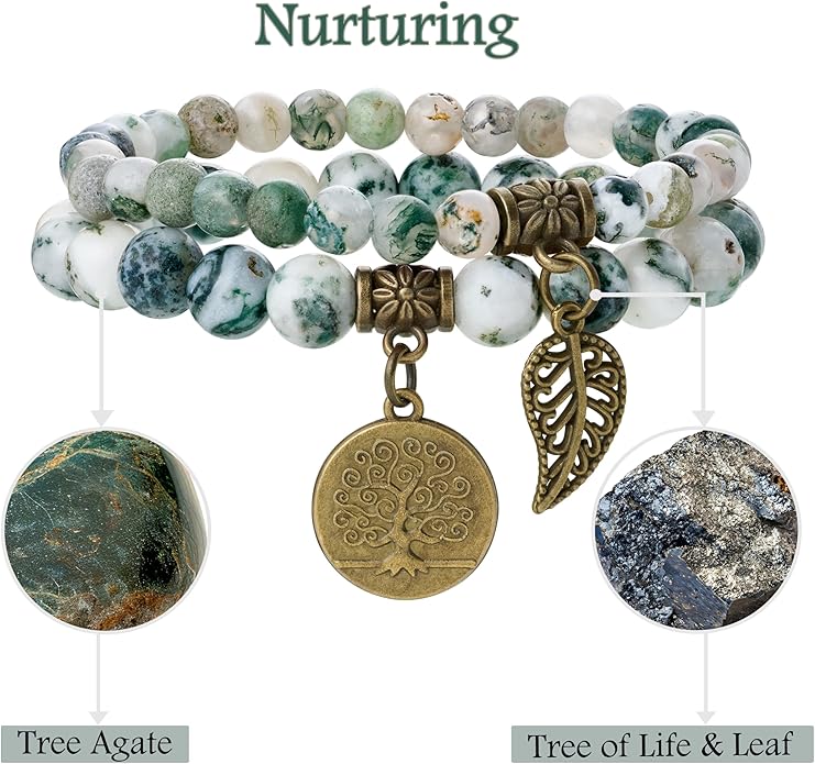 Bivei Natural Semi Precious Gemstone beads bracelet for women - Life Tree and Leaf Charm Energy Reiki Crystal Stretch Bracelets