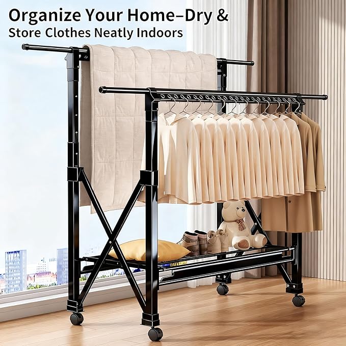 Heavy Duty Rolling Clothing Rack with Wheels, Portable Double Rod Metal Garment Rack, Clothes Drying Hanging Organizer for Closet, Laundry, Storage, Freestanding Adjustable Coat Hanger, Black