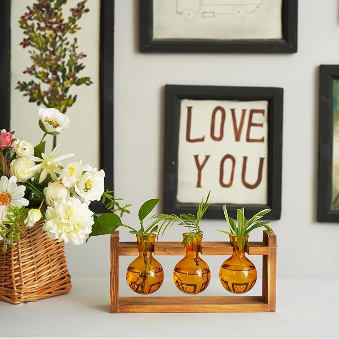 Kingbuy Glass Plant Terrarium Propagation Station - 3 Bulb Colored Vases with Retro Wood Stand Indoor Garden Planter - Wall Mounted & Desktop Decor for Home Kitchen Wedding, Plant Lover Gift, Amber