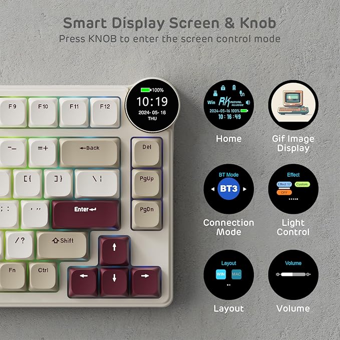 RK ROYAL KLUDGE N80 Low Profile Mechanical Keyboard w/Smart Display Screen & Knob, 75% Top Mount 3-Modes Wireless Mechanical Keyboard, Software Support, Massive Battery, 80 Keys, Tactile Brown Switch