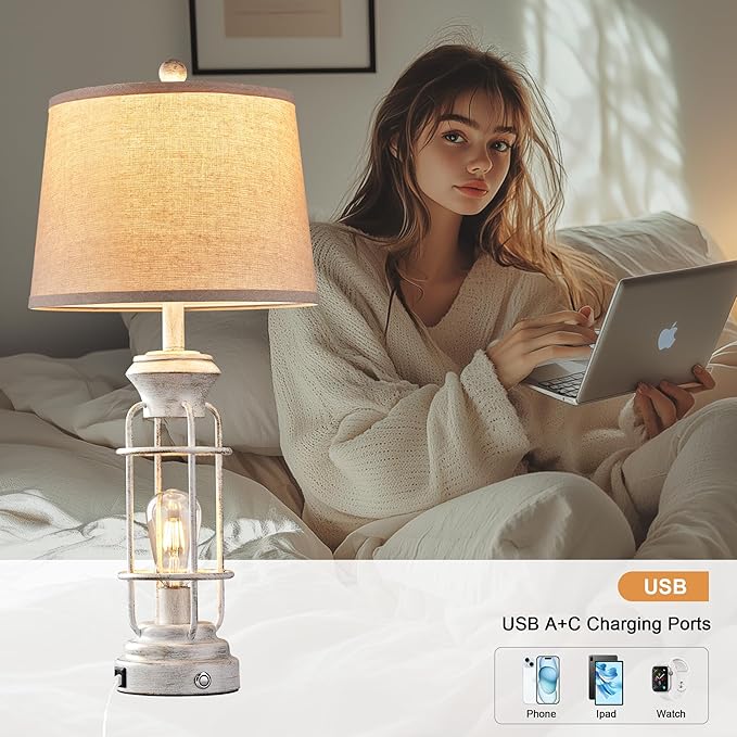 Farmhouse Lamps Set of 2, 28.5" Touch Lamps for Nightstand with USB C+A Ports, LED Bulbs Included