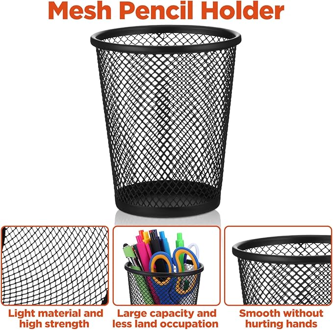12 Pack Metal Mesh Pen Holder, Black Round Pencil Cup Organizer for Desk, Office, Classroom, 2.6"x3.5"x4.2" Size