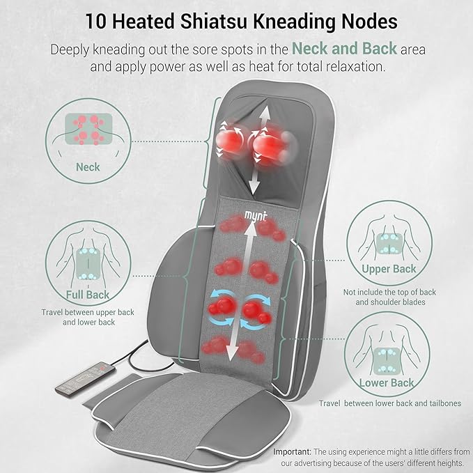 Mynt 2D & 3D Shiatsu Neck and Back Massager for Chair with 10 Deep Kneading Nodes, Adjustable Back Massage with Heat, Portable Massage Chair Pad (Gray)