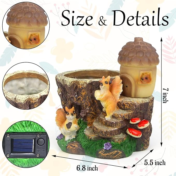 Solar Garden Statue Squirrel Decor,Flower Pots Planters Pots for Succulent,Outdoor Garden Sculpture for Patio Balcony Yard Lawn Decor,Unique Gift for Dad Mom Grandma