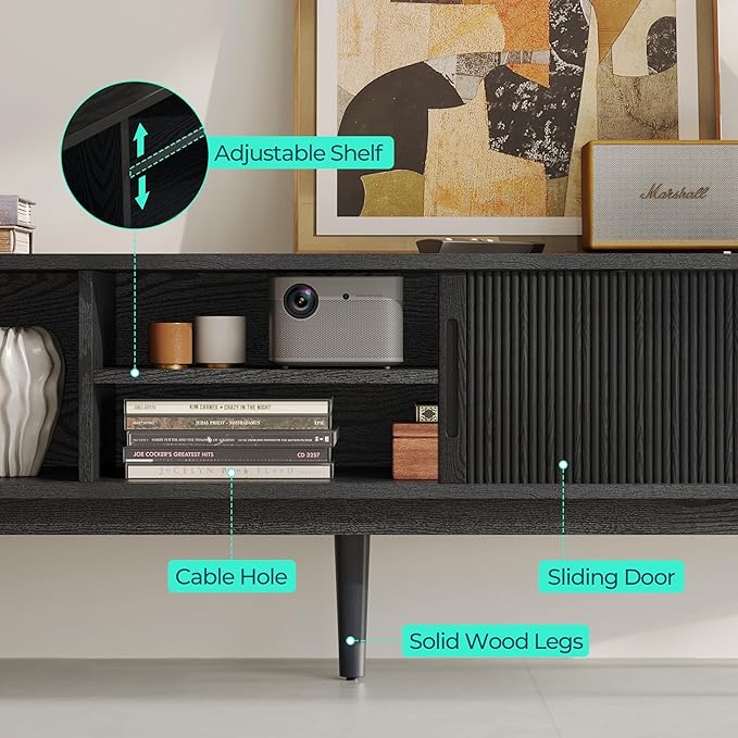 LINSY HOME 70" Fluted TV Stand for TVs up to 80 Inch, Mid Century Modern Entertainment Center with Storage Cabinet and Sliding Doors, Farmhouse Wood Media TV Console for Living Room, Bedroom, Black