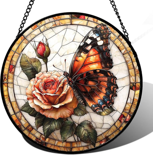 Stained Glass Window Hanging, Butterfly Picking Flowers Suncatcher for Doors Home Sun Catchers Decoration and Christmas, Mother's Day Birthday Gifts for Women, Men, and Mom 14.9x14.9 in