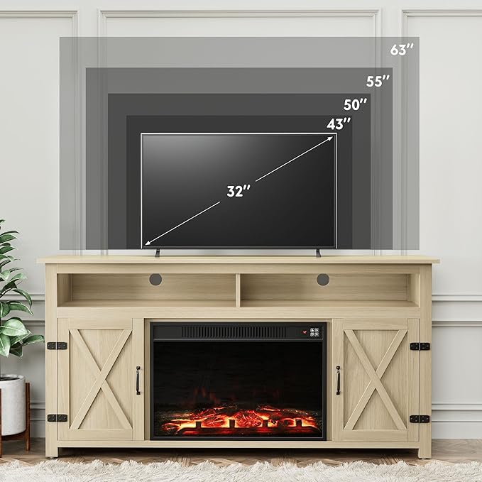 YESHOMY Fireplace TV Stand for Television up to 65+ Inch with Storage and Farmhouse Barn Doors, Entertainment Center with Cabinet and Shelves, Media Console for Living Room, Oak