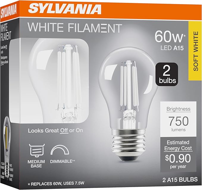 Sylvania A15 Clear Globe LED White Filament Bulb, 7.5W, Dimmable, 750 LMS, Medium Base, 2700K, Soft White - 2 Pack (42247)