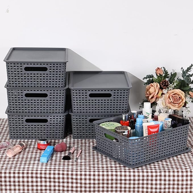6 Pack Plastic Woven Storage Baskets with Lids, Lidded Organizer Baskets, 13.97" x 11.6" x 5.3", Grey