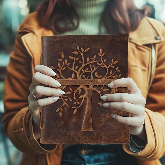 LEATHER VILLAGE Tree of Life Journal - 6 X 4 inches - Brown - 200 Antique Deckle Edge Handmade Paper – Book of Shadows - Vintage Leather Bound Journal for Women & Men