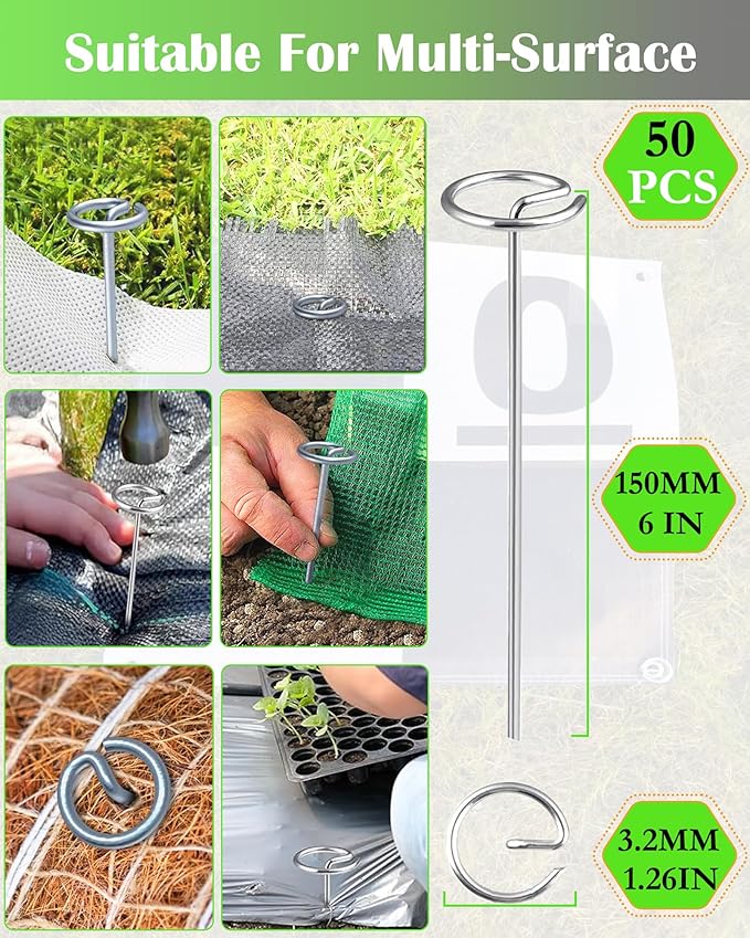 50PCS Landscape Fabric Pins, 6-Inch Galvanized Circle Top Landscape Staples - Steel Weed Barrier Stakes, More Grip Than U-Shape Yard Staples, Garden Stakes for Plant Cover, Lawn, Fence, Ground