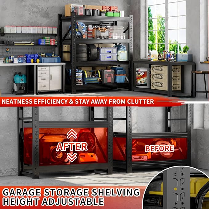 Kobito 3800LBS Garage Storage Shelves, 47" W Garage Shelving Heavy Duty Adjustable Shelving Unit, 4 Tier Metal Utitly Shelves Industrial Shelving for Warehouses,Basement,Black