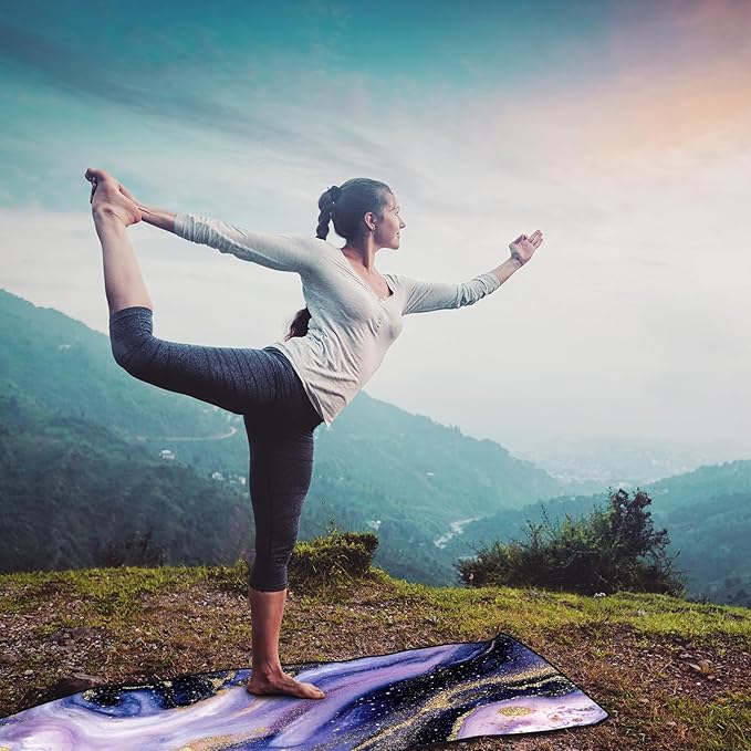 QiyI Yoga Mat Towel with Corner Pockets, Non Slip Sweat Absorbent Hot Yoga Towels, Soft Yoga Blankets with Travel Bag, Skidless Mat Cover for Workout, Gym, Fitness - 70"x26", Purple & Pink Grain