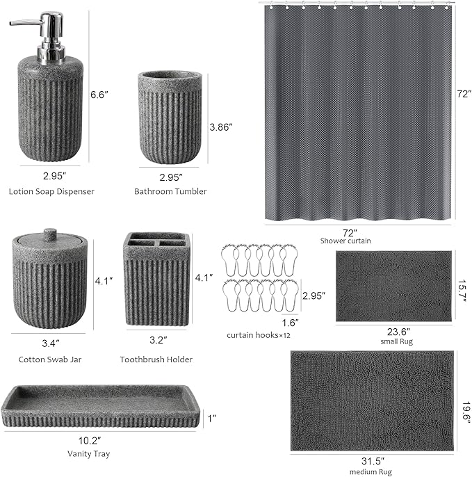 8-Piece Grey Bathroom Set - Resin Bathroom Accessories Sets Complete with Shower Curtain and Rugs, Soap Dispenser, Toothbrush Holder, Tumbler & Apothecary Jars