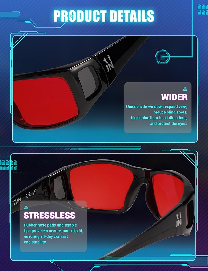 TIJN Sonia Sleep Glasses for Blue & Green Light Blocking,Red Lens with Dual AR Coating,Wraparound Frame for Gaming Screen