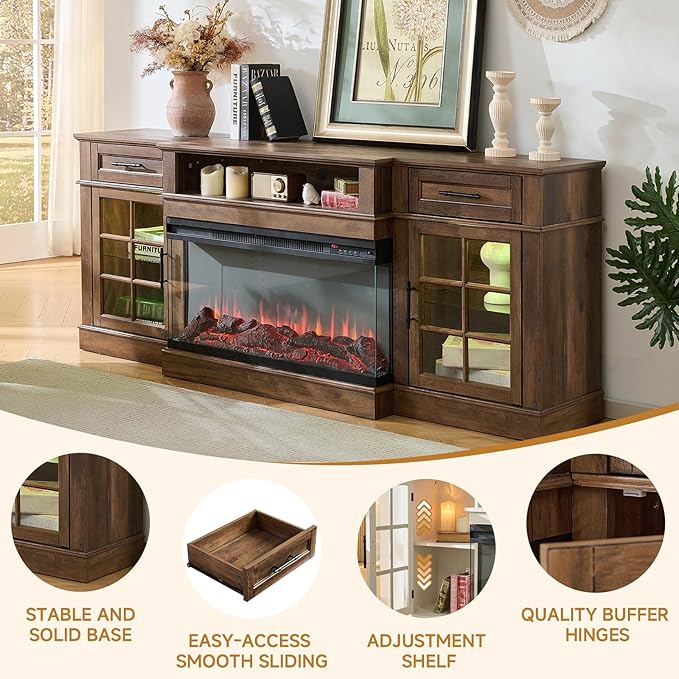 ROCKPOINT 3 Sided Glass 80" Fireplace TV Stand for TVs up to 90inch,Entertainment Center with Drawers and Glass Door Storage Cabinet,36" Electric Fireplace with LED Light and Flame Colors,Espresso