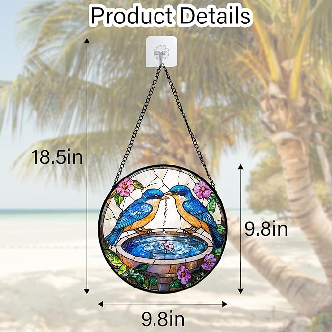 Stained Glass Window Hanging, 2 Blue Birds Suncatcher Diamond Glass Panel Hangings Bird Lover Sun Catchers Decor for Birthday for Women, Men, Wife, Aunt, and Mom 9.8 in