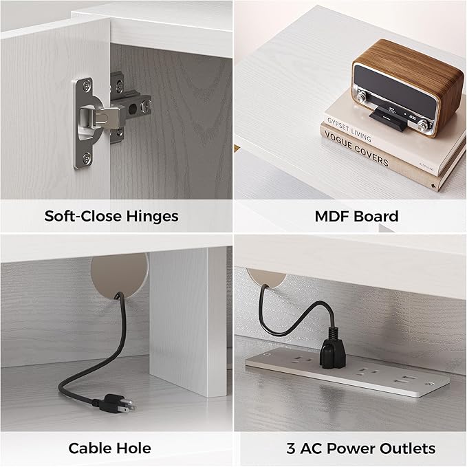 IRONCK TV Stand for TVs 85 inch with Power Outlet and LED Lights, Entertainment Center with Storage Cabinets, Media TV Console with Drawers, Modern TV Stand for Living Room, White