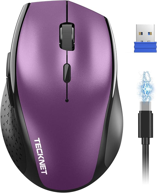 TECKNET PRO Rechargeable Wireless Mouse, Silent Click, 800mAh Long Battery Life, 6 Adjustable 6400 DPI, Cordless Computer Mouse, 6 Button Ergonomic Mouse for PC Mac Chromebook - Purple