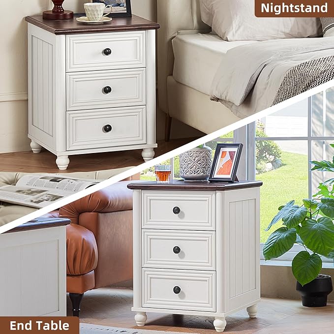 18" Farmhouse Nightstand Set 2 with Charging Station and USB Port, White Night Stand with 3 Drawers, Wood Bedside End Table with Storage, Bed Side Tables for Bedroom Living Room and Closet