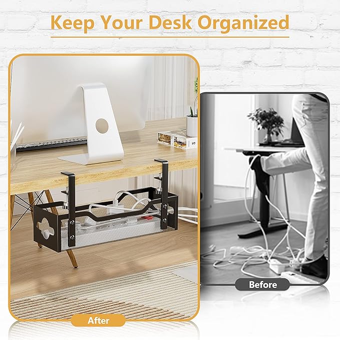 Under Desk Cable Management Tray 13.38", Quszmd Cable Organizer No Drill, Standing Cord Organizer and Wire Management Tray - No Damage to Desk, Black