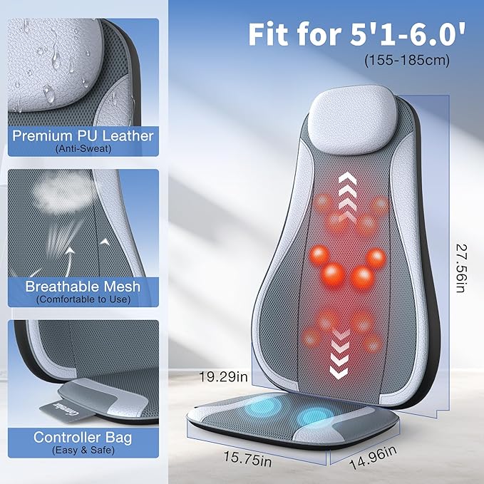 Shiatu Back Massager with Heat & Cooling, Kneading Rolling Vibration Chair Massager for Deep Tissue Pain Relief, Massage Chair Pad for Home & Office