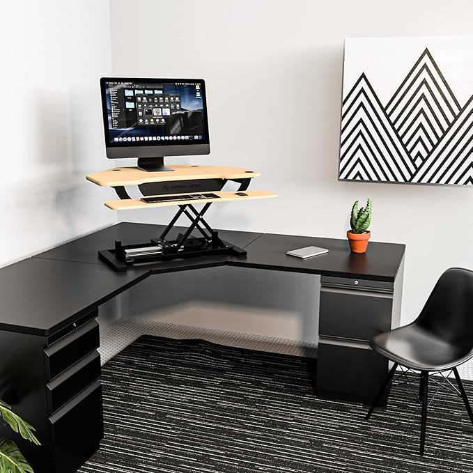 VERSADESK® PowerPro™ 36” x 31” Corner Standing Desk Converter | 36 Inch Electric Adjustable Desk Riser - Sit or Stand w/programmable Controller, Keyboard Tray & USB Hub, Maple