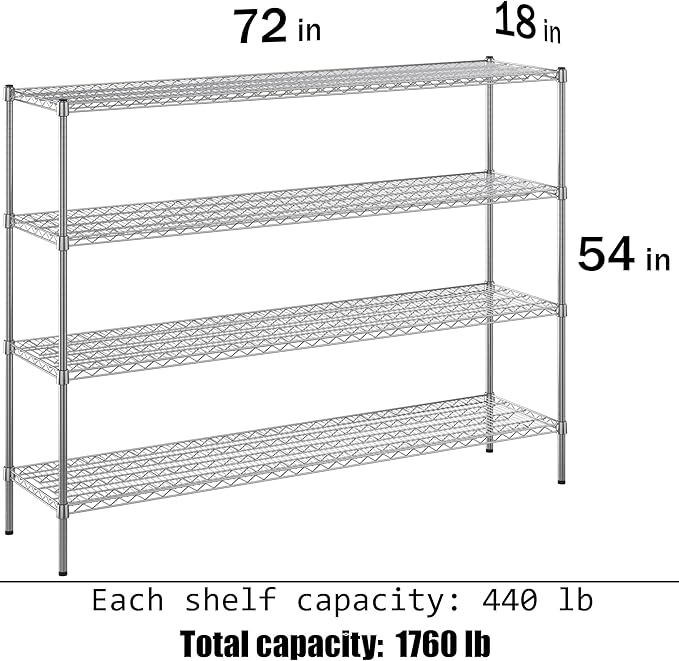 18" Deep x 72" Wide x 54" Height Wire Shelving Kit | 4-Tier | NSF Commercial Storage Rack Unit