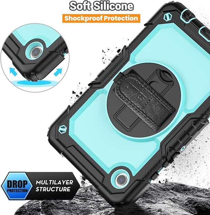 SEYMAC for Samsung Galaxy Tab A9 Case 8.7″ 2023 (SM-X110/X115/X117), Heavy Duty Shockproof Protective Case with Screen Protector, Rotating Stand, Hand/Shoulder Strap and Pen Holder, Light Blue