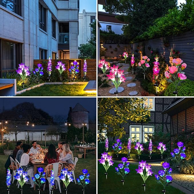 Solar Garden Lights, 6 Pack Solar Flowers Lights with Lily Rose Delphinium, Waterproof Gardening Gifts for Mom Grandma Women,Multi-Color Changing Outdoor Light for Garden Yard Patio Lawn