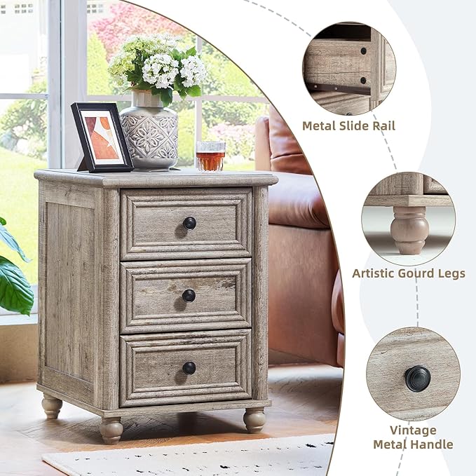 18" Farmhouse Nightstand with Charging Station and USB Port, Grey Night Stand with 3 Drawers, Wood Bedside End Table with Storage, Bed Side Tables for Bedroom Living Room and Closet