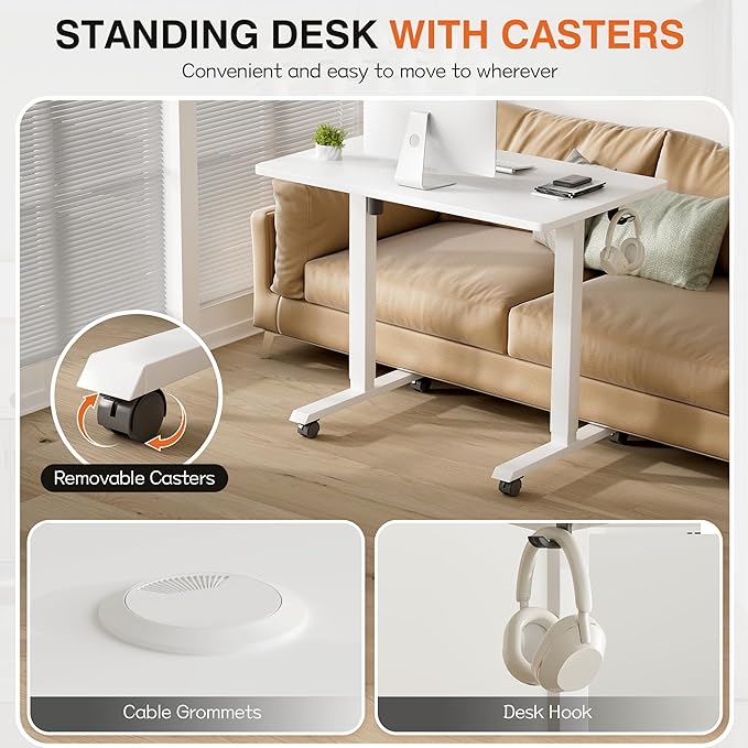 Furmax Electric Standing Desk, 39 x 24 Inches Height Adjustable Desk with Removable Casters, Home Office Computer Desk (White)