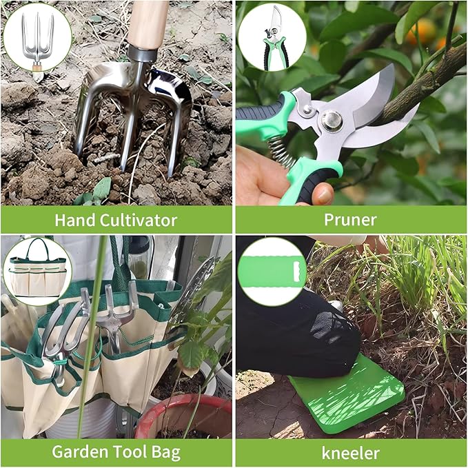 Gardening Tool Set, 11-Piece Stainless Steel Heavy Duty Gardening Hand Tools with Rust-Proof, Non-Slip Grip and Storage Tote Bag, Gardening Gifts for Women, Men