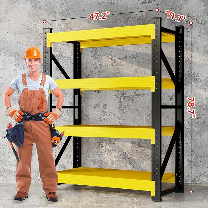 Kobito 3800LBS Garage Storage Shelves, 47" W Garage Shelving Heavy Duty Adjustable Shelving Unit, 4 Tier Metal Utitly Shelves Industrial Shelving for Warehouses,Basement,Black Yellow