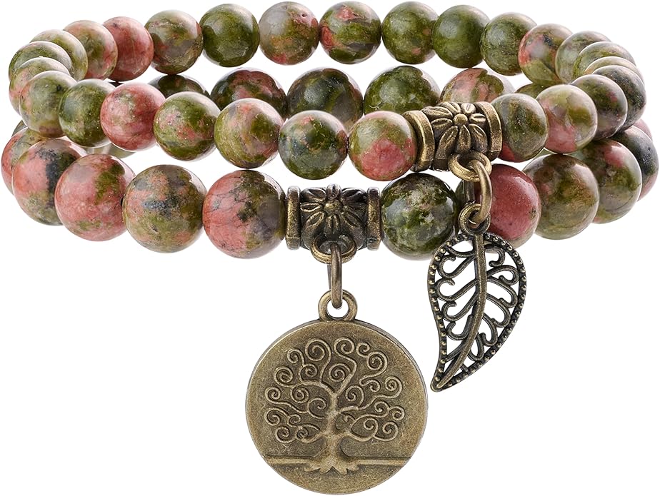 Bivei Natural Semi Precious Gemstone beads bracelet for women - Life Tree and Leaf Charm Energy Reiki Crystal Stretch Bracelets