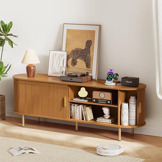 DHH Tv Stand Cabinet with Storage,Fluted Tv Console Entertainment Center with Storage Adjustable Shelves, Modern Vintage with Sliding Doors tv Stand for Living Room (Yellow Walnut, 63 Inch)