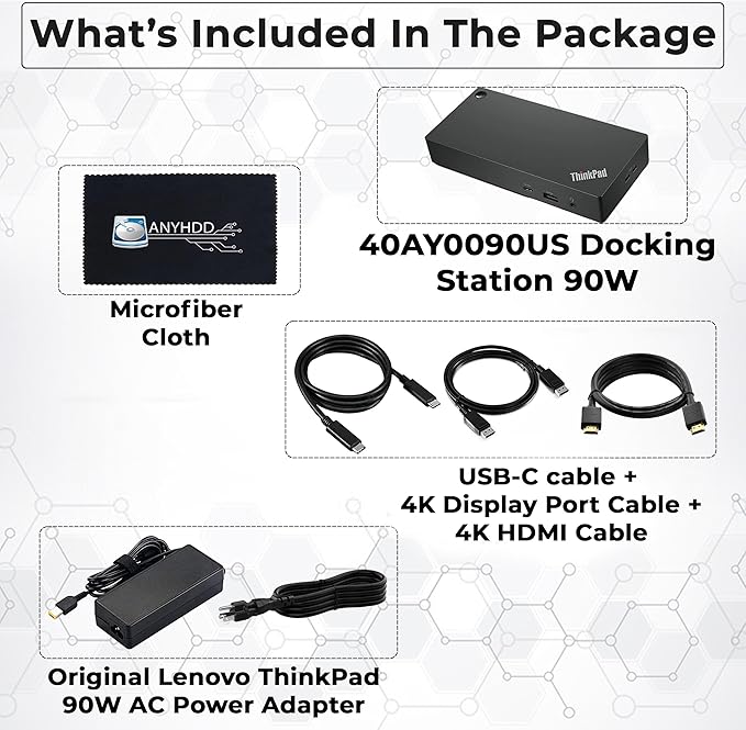 Lenovo 40AY0090US Dock Dual Monitor Bundle - Lenovo Docking Station USB C with 90W AC Adapter + 4K HDMI Cable + 4K DisplayPort Cable + USB-C Cable + Microfiber Cloth - Supports 4K Display (Renewed)