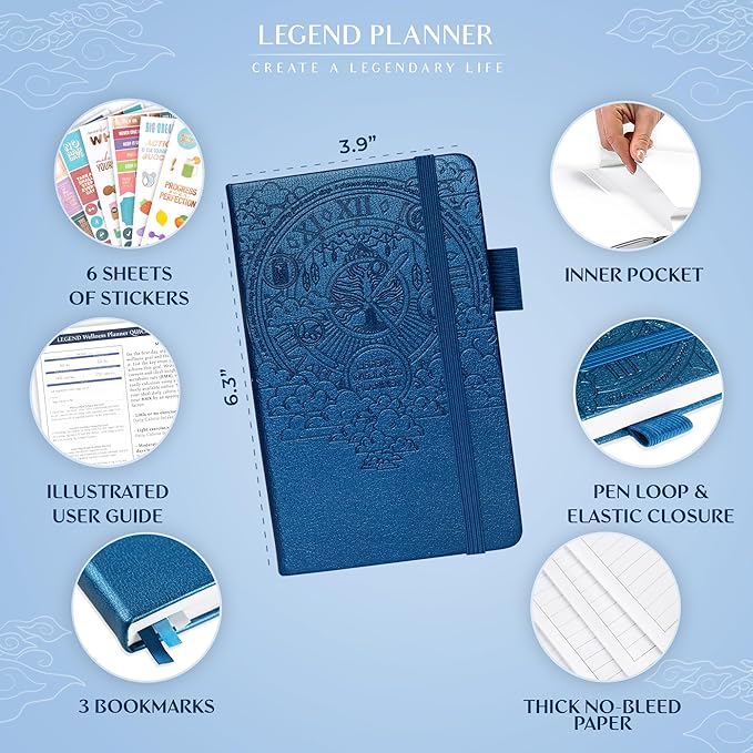 Legend Wellness Planner & Food Journal Pocket – Daily Diet & Health Journal with Weight Loss, Measurement & Exercise Trackers – Lifestyle & Nutrition Diary – Lasts 6 Months, 3.9x6.3″ –Mystic Blue