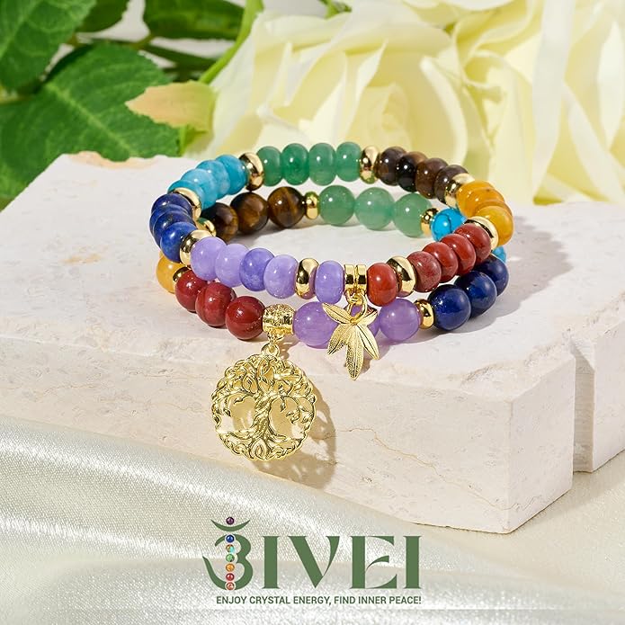 Bivei Natural Semi Precious Gemstone beads bracelet for women - Life Tree and Leaf Charm Energy Reiki Crystal Stretch Bracelets