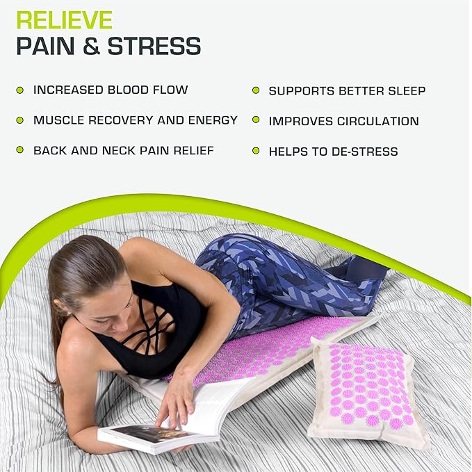 ProsourceFit Ki Acupressure Mat and Pillow Set with 100% Natural Linen for Back/Neck Pain Relief and Muscle Relaxation