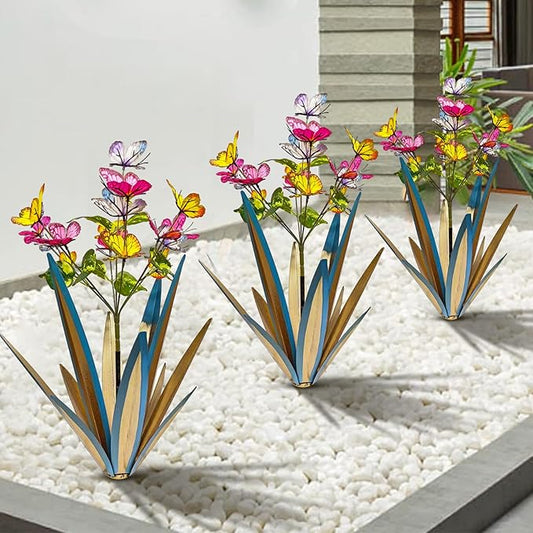 TOMBABY Garden Outdoor Butterfly Enlarge Thickened Wind Resistant Metal Agave Garden Art Metal Plant Country Sculpture Statue Decorations Ornaments Artificial Waterproof Butterflies (Blue 3pcs)