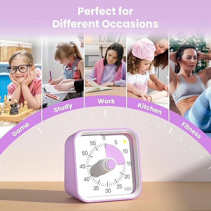 Visual Timer for Kids with Pause Function, 60 Minute Countdown Timer for Kids Desk Study, Teaching, Kitchen Cooking, Office Meetings, Time Management for ADHD (Purple)