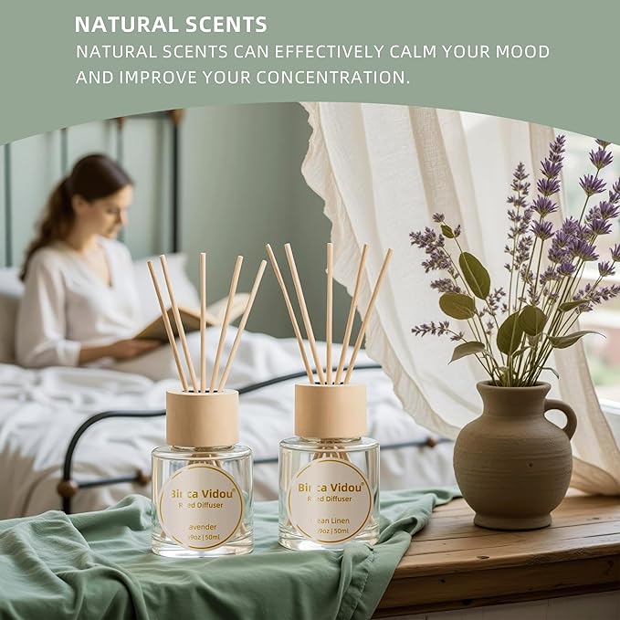 Binca Vidou Reed Diffuser Set Lavender & Linen Natural Scent Theme Oil Diffusers with Sticks for Home Office Bathroom Aromatherapy Decor 1.69oz x 2