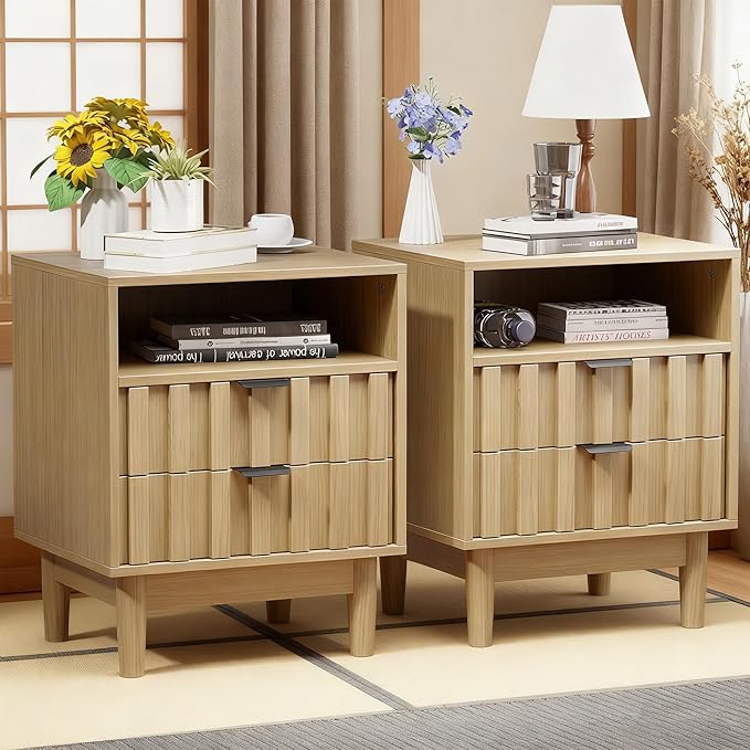 Fluted Nightstand Set of 2 with 2 Drawers, 19" Wide Night Stand with Solid Wood Legs, Open Storage Shelf, Mid Century Modern Wooden Bedside Table for Bedroom, Bed End Side Table, Oak