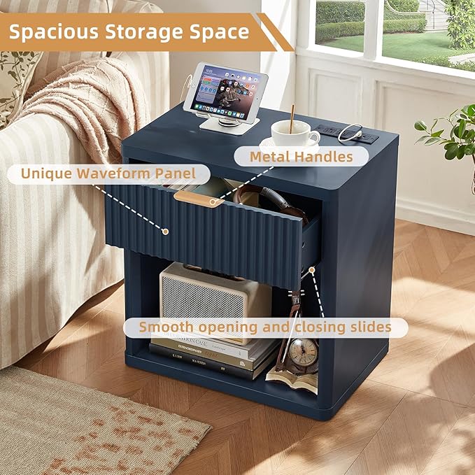 LEYAOYAO Fluted Farmhouse Nightstand Set of 2 with Charging Station, 23" Wide 1 Drawers Night Stand,Blue Dresser for Bedroom,Bed Side Table Chest of Drawers,Wood End Table for Living Room