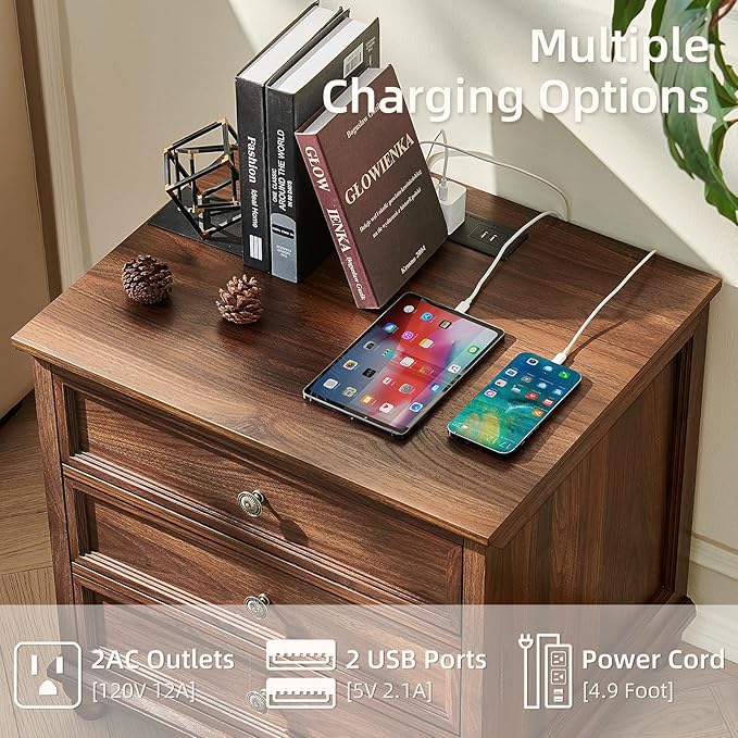 Farmhouse Nightstand Set of 2 with Charging Station, 24" Wide End Table with 3 Drawers,Dresser for Bedroom,Bed Side Table Chest of Drawers Cabinet,Wood Brown Night Stand for Living Room