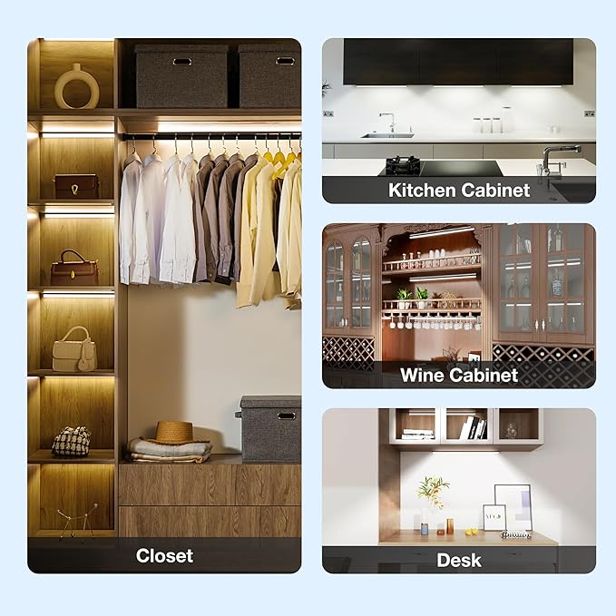 Under Cabinet Lights Remote Control,2 Pack Magnetic Dimmable Closet Lights,USB Rechargeable Wireless LED Shop Light,Ceiling and Under Counter Lights for Kitchen (Black, 80CM)